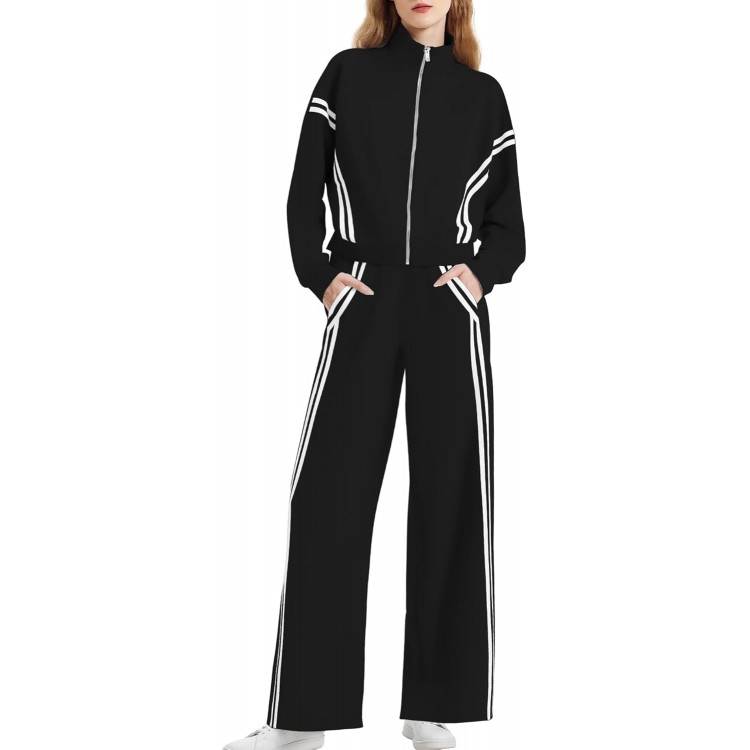 Women's 2 Piece Outfits Zip Up Sweatshirt Contrast Striped Wide Leg Sweatpants Suits Jogger Travel Matching Set