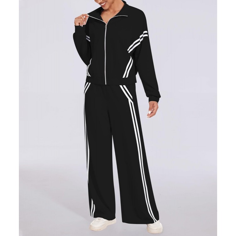 Women's 2 Piece Outfits Zip Up Sweatshirt Contrast Striped Wide Leg Sweatpants Suits Jogger Travel Matching Set