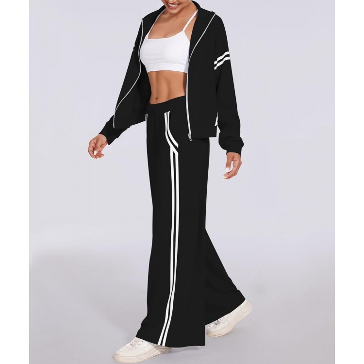 Women's 2 Piece Outfits Zip Up Sweatshirt Contrast Striped Wide Leg Sweatpants Suits Jogger Travel Matching Set