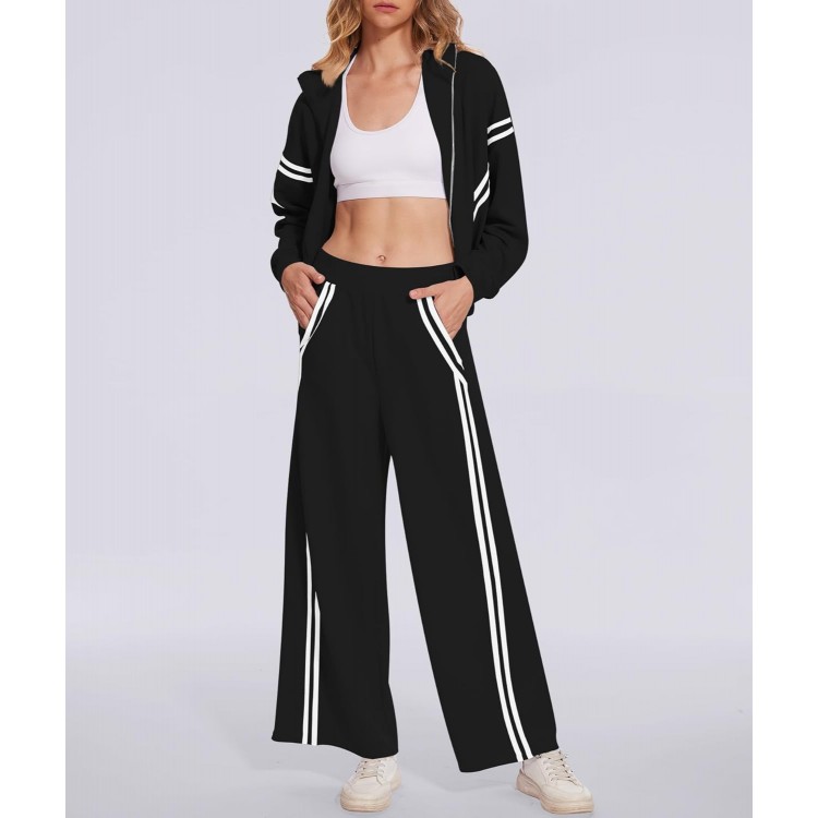 Women's 2 Piece Outfits Zip Up Sweatshirt Contrast Striped Wide Leg Sweatpants Suits Jogger Travel Matching Set