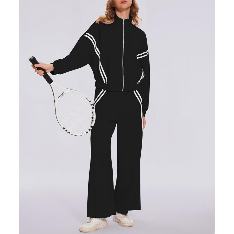 Women's 2 Piece Outfits Zip Up Sweatshirt Contrast Striped Wide Leg Sweatpants Suits Jogger Travel Matching Set