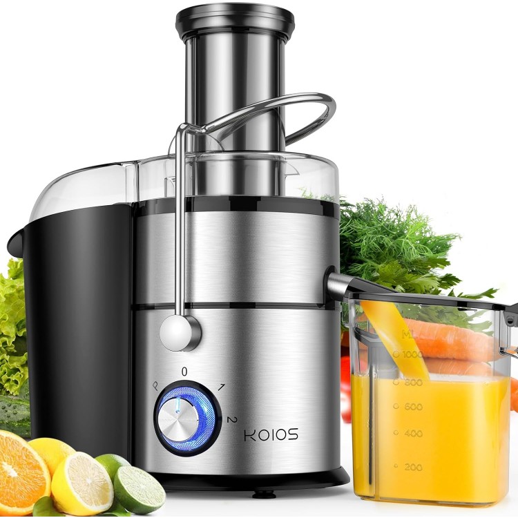 1300W KOIOS Centrifugal Juicer Machines, Juice Extractor with Extra Large 3inch Feed Chute, Full Copper Motor, Titanium-Plated Filter, High Juice Yield, 3 Speeds Mode,Easy to Clean with Brush, Non-BPA