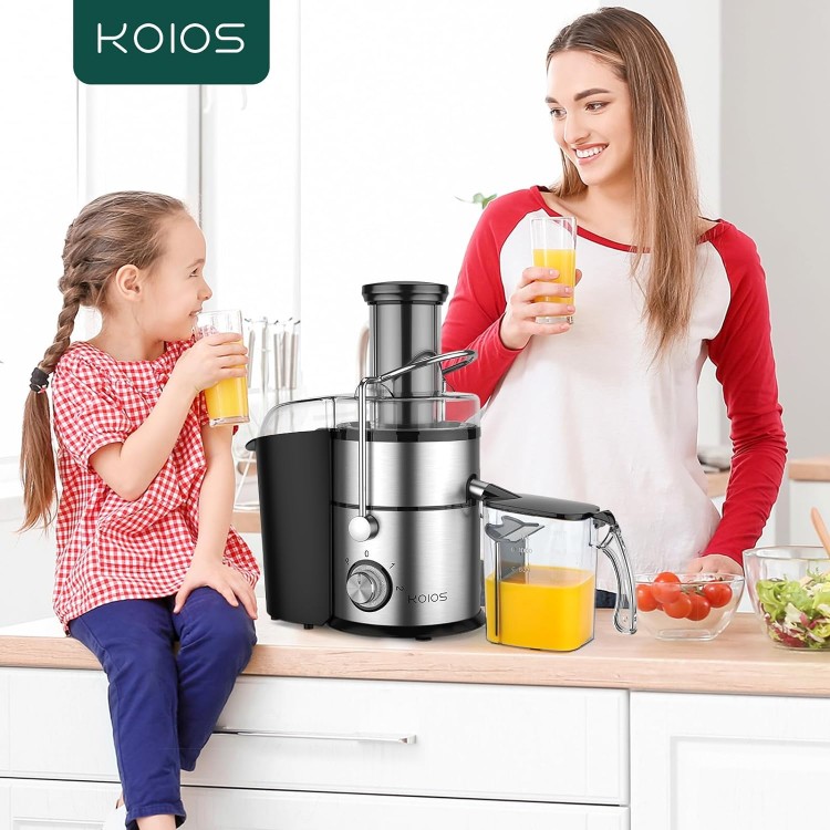 1300W KOIOS Centrifugal Juicer Machines, Juice Extractor with Extra Large 3inch Feed Chute, Full Copper Motor, Titanium-Plated Filter, High Juice Yield, 3 Speeds Mode,Easy to Clean with Brush, Non-BPA