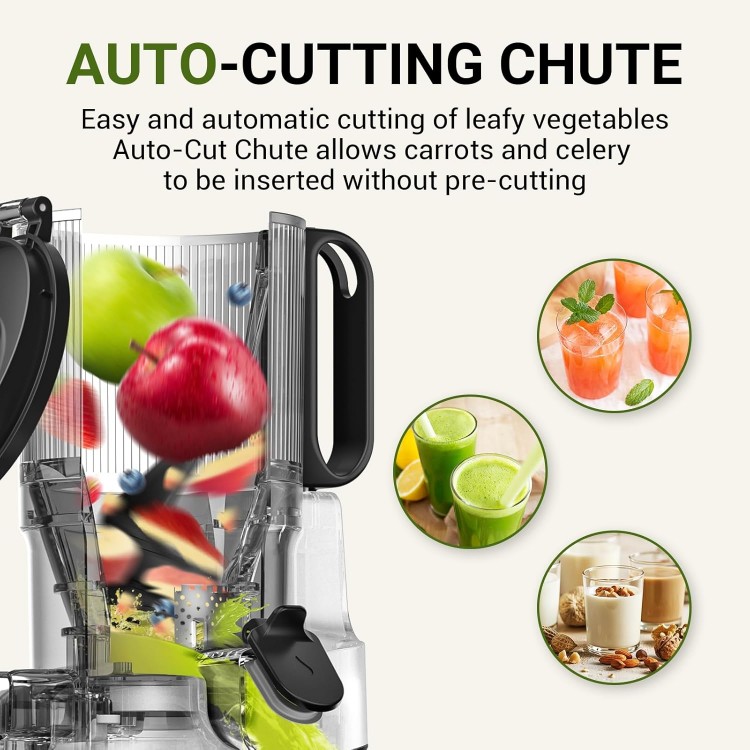 Juicer Machines, AMZCHEF 5.3-Inch Self-Feeding Masticating Juicer Fit Whole Fruits & Vegetables, Cold Press Electric Juicer Machines with High Juice Yield, Easy Cleaning, BPA Exclude, 250W-Black