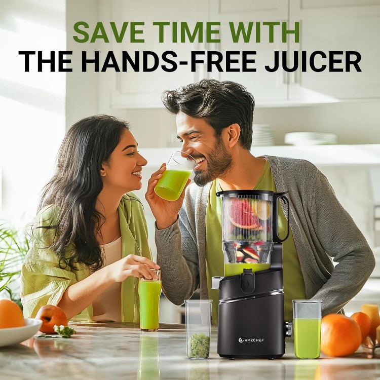 Juicer Machines, AMZCHEF 5.3-Inch Self-Feeding Masticating Juicer Fit Whole Fruits & Vegetables, Cold Press Electric Juicer Machines with High Juice Yield, Easy Cleaning, BPA Exclude, 250W-Black