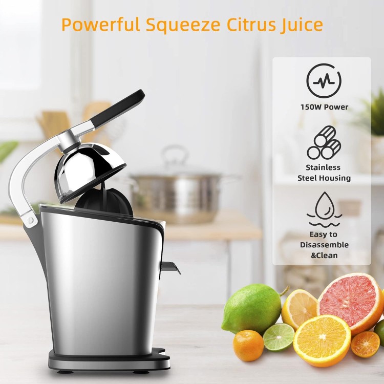 Healnitor 150W Electric Citrus Juicer Squeezer with 2 Cones, Stainless Steel Quiet Orange Juice Extractor Machines for Lime Grapefruit Lemon, Detachable Design