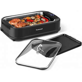 Indoor Grill, Techwood 1500W Smokeless Electric Grill with 2 in1 Nonstick Grill/Griddle Plates, Portable Korean BBQ Grill with 6-Level Control, Glass Lid, Dishwasher Safe, Double Plates, Black