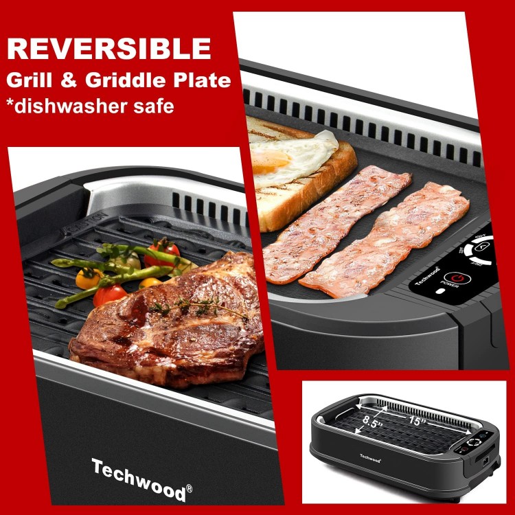 Indoor Grill, Techwood 1500W Smokeless Electric Grill with 2 in1 Nonstick Grill/Griddle Plates, Portable Korean BBQ Grill with 6-Level Control, Glass Lid, Dishwasher Safe, Double Plates, Black