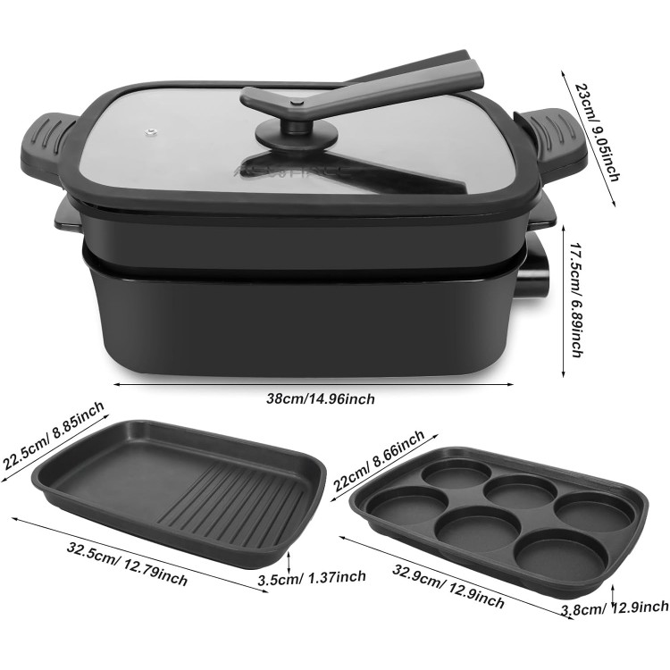 3-in-1 Multifunctional Electric Grill,Electric Skillet Nonstick with Lids 1400W Party Griddle for Cooking Meats &Pancake