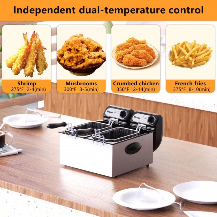 3000W Electric Commercial Deep Fryer With Baskets & Lids,2x3l Stainless Steel Double Deep Fryer,Small Deep Fryer With Basket,Temperature Control,Overheat Protection