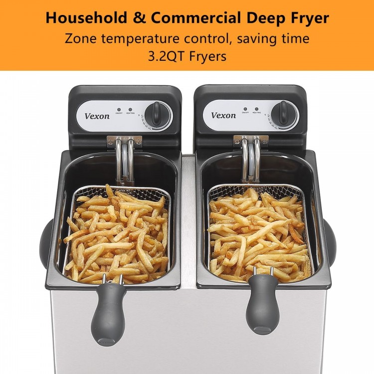 3000W Electric Commercial Deep Fryer With Baskets & Lids,2x3l Stainless Steel Double Deep Fryer,Small Deep Fryer With Basket,Temperature Control,Overheat Protection