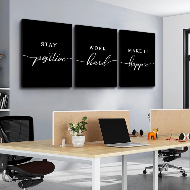 Work Hard Prints,Framed Canvas Wall Art Success Quote, Office Wall Art, Black Large Poster, Positive Motivational Set of 3 Prints, Stay Positive Poster, Office Decor Prints (E-3pcs,16x24inchx3pcs)