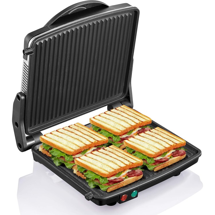 Panini Press Grill, Yabano Gourmet Sandwich Maker Non-Stick Coated Plates 11 x 9.8, Opens 180 Degrees to Fit Any Type or Size of Food, Stainless Steel Surface and Removable Drip Tray, 4 Slice