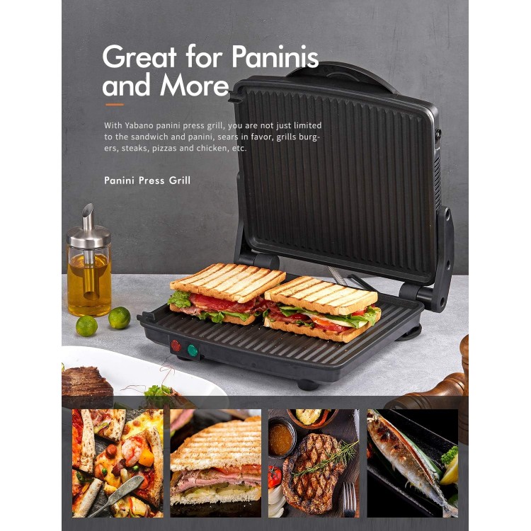 Panini Press Grill, Yabano Gourmet Sandwich Maker Non-Stick Coated Plates 11 x 9.8, Opens 180 Degrees to Fit Any Type or Size of Food, Stainless Steel Surface and Removable Drip Tray, 4 Slice