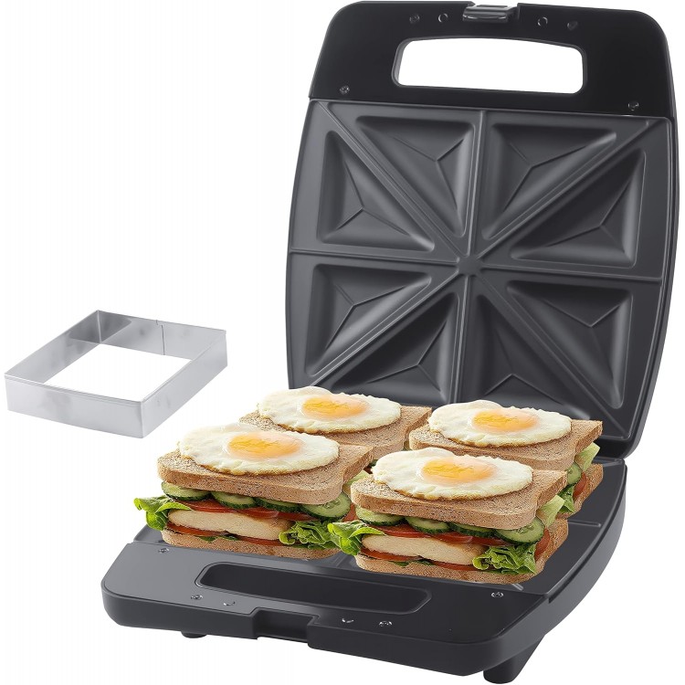 Breakfast Sandwich Maker Press Grill, Electric Sandwich Toaster Press, Grilled Cheese Maker with Non Stick Surface, Sandwichera, Toast Cutter & Recipe Included (4 Slices)