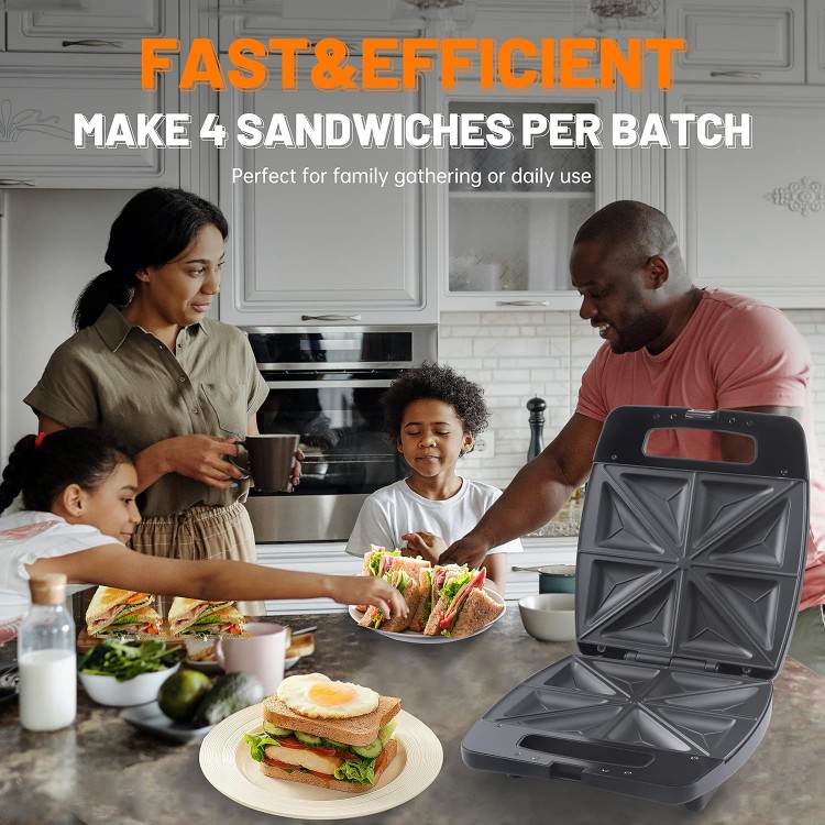 Breakfast Sandwich Maker Press Grill, Electric Sandwich Toaster Press, Grilled Cheese Maker with Non Stick Surface, Sandwichera, Toast Cutter & Recipe Included (4 Slices)