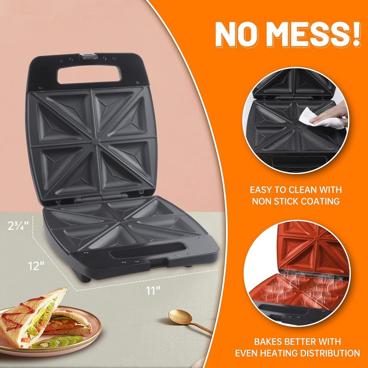 Breakfast Sandwich Maker Press Grill, Electric Sandwich Toaster Press, Grilled Cheese Maker with Non Stick Surface, Sandwichera, Toast Cutter & Recipe Included (4 Slices)