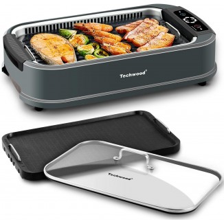 Techwood Indoor Grill Smokeless Grill, 1500W Indoor Korean BBQ Electric Tabletop Grill with Tempered Glass Lid, Removable Grill and Griddle Plates with Drip Tray