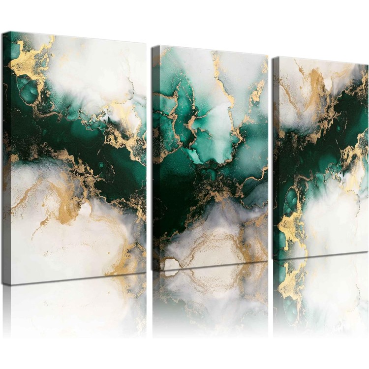 3 Piecs Emerald Green and Gold Canvas Wall Art Modern Abstract Glam Fluid Marble Painting Pictures Living room Wall Decor Posters Prints for Bedroom Bathroom Office Home Decoration