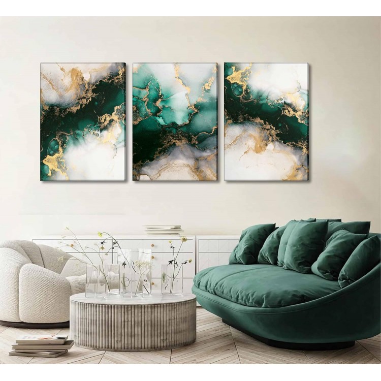 3 Piecs Emerald Green and Gold Canvas Wall Art Modern Abstract Glam Fluid Marble Painting Pictures Living room Wall Decor Posters Prints for Bedroom Bathroom Office Home Decoration