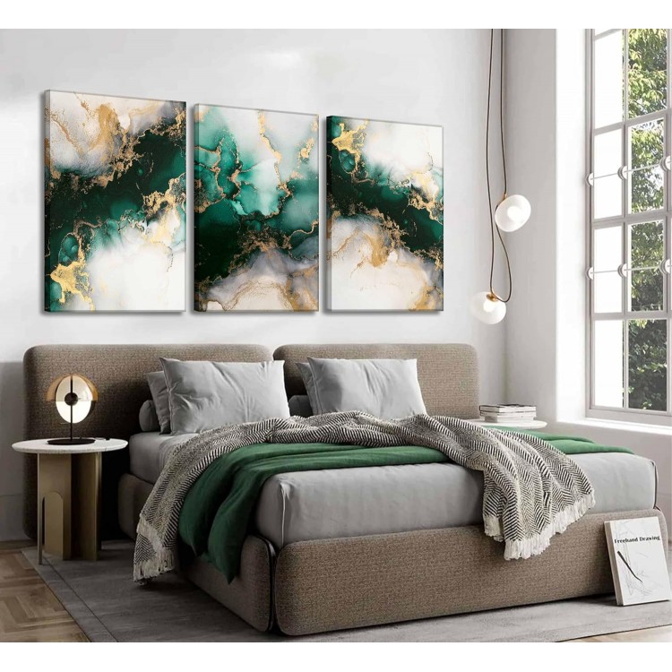 3 Piecs Emerald Green and Gold Canvas Wall Art Modern Abstract Glam Fluid Marble Painting Pictures Living room Wall Decor Posters Prints for Bedroom Bathroom Office Home Decoration