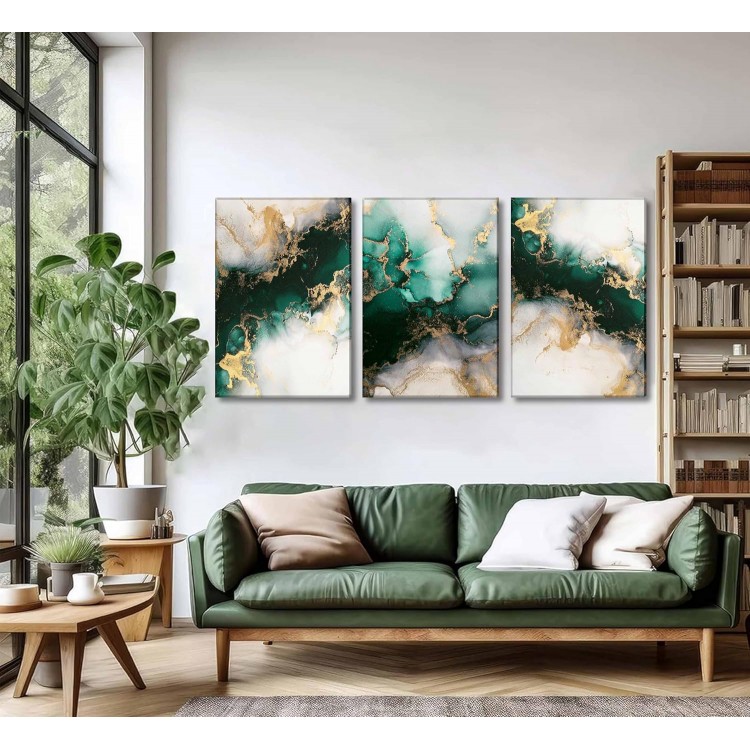 3 Piecs Emerald Green and Gold Canvas Wall Art Modern Abstract Glam Fluid Marble Painting Pictures Living room Wall Decor Posters Prints for Bedroom Bathroom Office Home Decoration