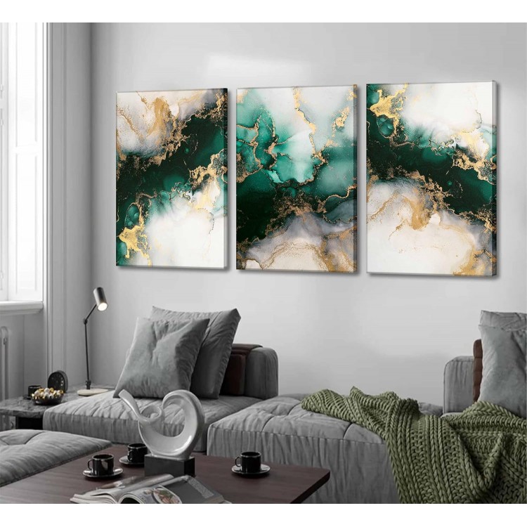 3 Piecs Emerald Green and Gold Canvas Wall Art Modern Abstract Glam Fluid Marble Painting Pictures Living room Wall Decor Posters Prints for Bedroom Bathroom Office Home Decoration