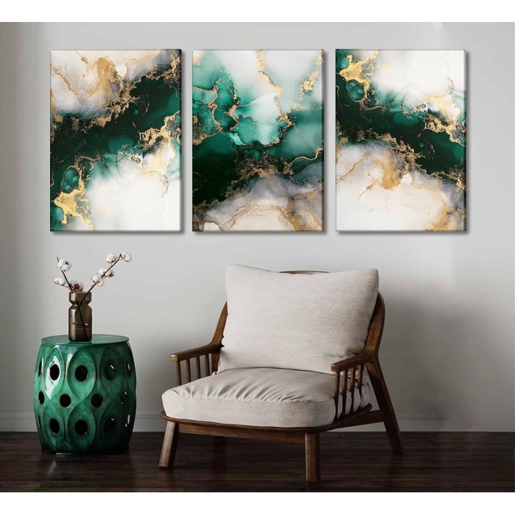 3 Piecs Emerald Green and Gold Canvas Wall Art Modern Abstract Glam Fluid Marble Painting Pictures Living room Wall Decor Posters Prints for Bedroom Bathroom Office Home Decoration