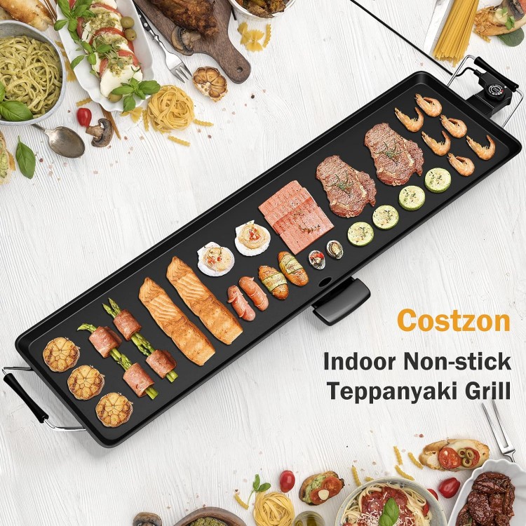 Costzon 35 Electric Griddle Teppanyaki Grill BBQ, Nonstick Extra Large Griddle Long Countertop Grill with Adjustable Temperature & Drip Tray, Indoor Outdoor Cooking Plates for Pancake Barbecue