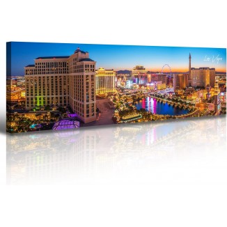 Las Vegas Skyline Wall Art Cityscape Canvas Prints City Modern Building Posters Bellagio Fountain Skyscraper Night View Panoramic Pictures for Home Office Living Room Decor Framed 13.8x45.3