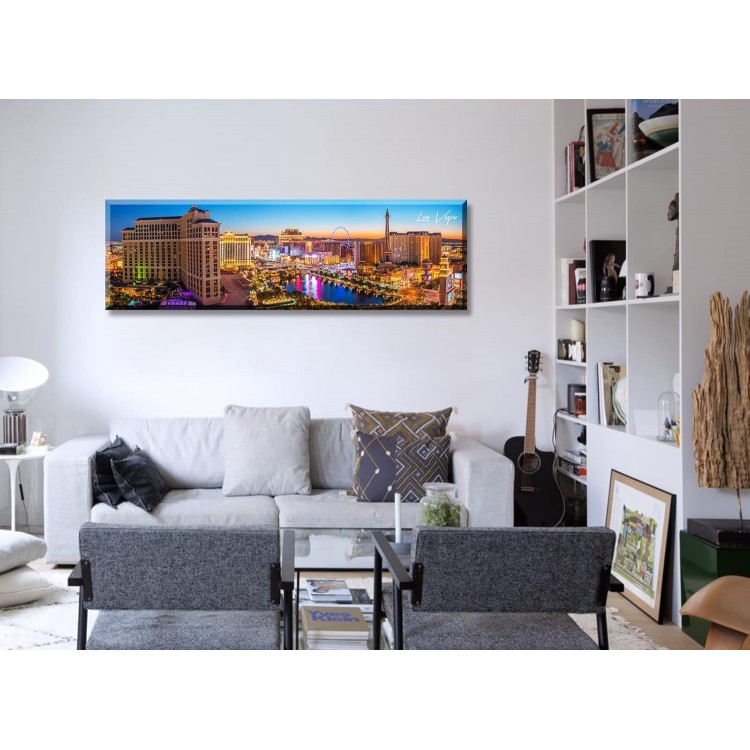 Las Vegas Skyline Wall Art Cityscape Canvas Prints City Modern Building Posters Bellagio Fountain Skyscraper Night View Panoramic Pictures for Home Office Living Room Decor Framed 13.8x45.3