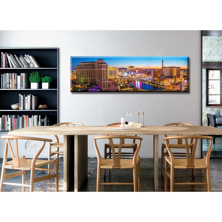 Las Vegas Skyline Wall Art Cityscape Canvas Prints City Modern Building Posters Bellagio Fountain Skyscraper Night View Panoramic Pictures for Home Office Living Room Decor Framed 13.8x45.3