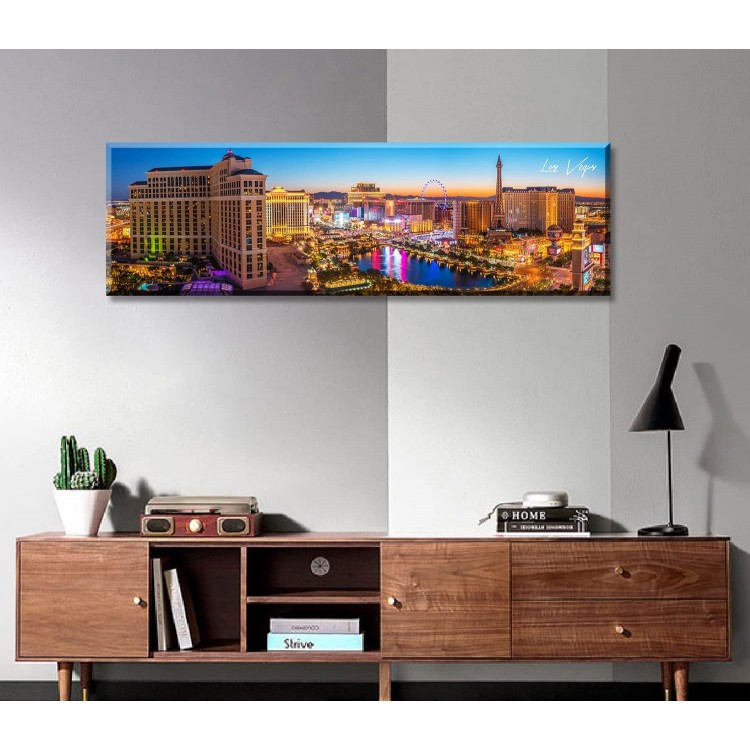 Las Vegas Skyline Wall Art Cityscape Canvas Prints City Modern Building Posters Bellagio Fountain Skyscraper Night View Panoramic Pictures for Home Office Living Room Decor Framed 13.8x45.3