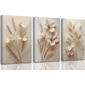 3Pcs Neutral Beige Floral Botanical Canvas Wall Art Modern Simple Texture Flower Plant Painting Picture Wall Decor Vintage Blossom Poster Print Artwork for Living Room Bedroom Bathroom