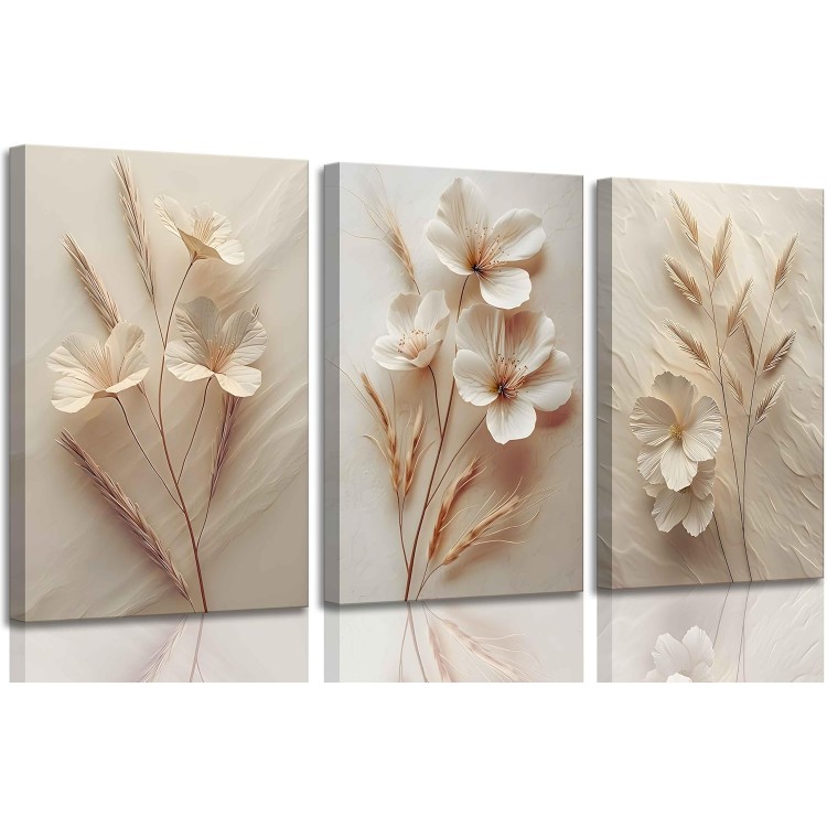 3Pcs Neutral Beige Floral Botanical Canvas Wall Art Modern Simple Texture Flower Plant Painting Picture Wall Decor Vintage Blossom Poster Print Artwork for Living Room Bedroom Bathroom