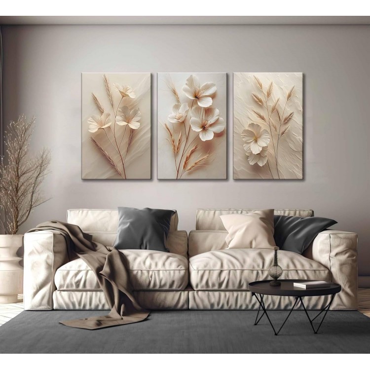 3Pcs Neutral Beige Floral Botanical Canvas Wall Art Modern Simple Texture Flower Plant Painting Picture Wall Decor Vintage Blossom Poster Print Artwork for Living Room Bedroom Bathroom