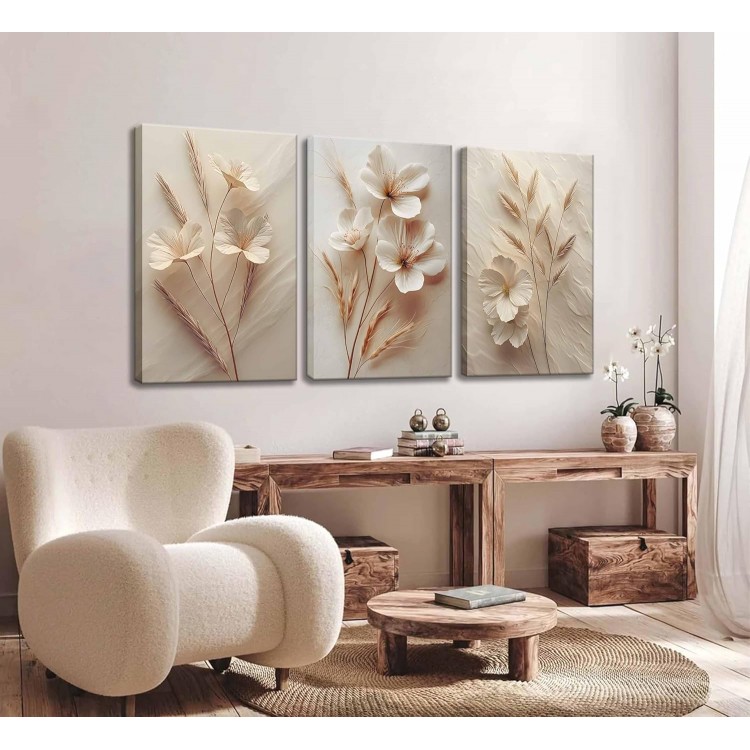 3Pcs Neutral Beige Floral Botanical Canvas Wall Art Modern Simple Texture Flower Plant Painting Picture Wall Decor Vintage Blossom Poster Print Artwork for Living Room Bedroom Bathroom