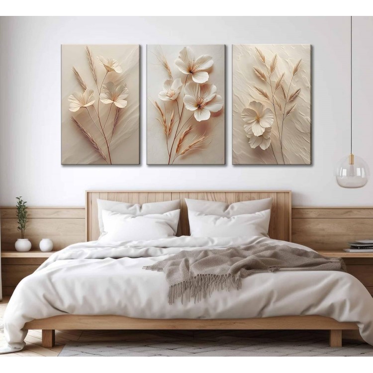 3Pcs Neutral Beige Floral Botanical Canvas Wall Art Modern Simple Texture Flower Plant Painting Picture Wall Decor Vintage Blossom Poster Print Artwork for Living Room Bedroom Bathroom