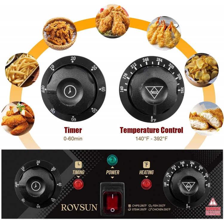 ROVSUN 12.5QT/11.8L Electric Deep Fryer w/Frying Basket, Timer, Drain, & Lid, Commercial Countertop Single Tank Frying Machine, Adjustable Temperature, for French Fries Donuts Onion Rings, 1700W 110V