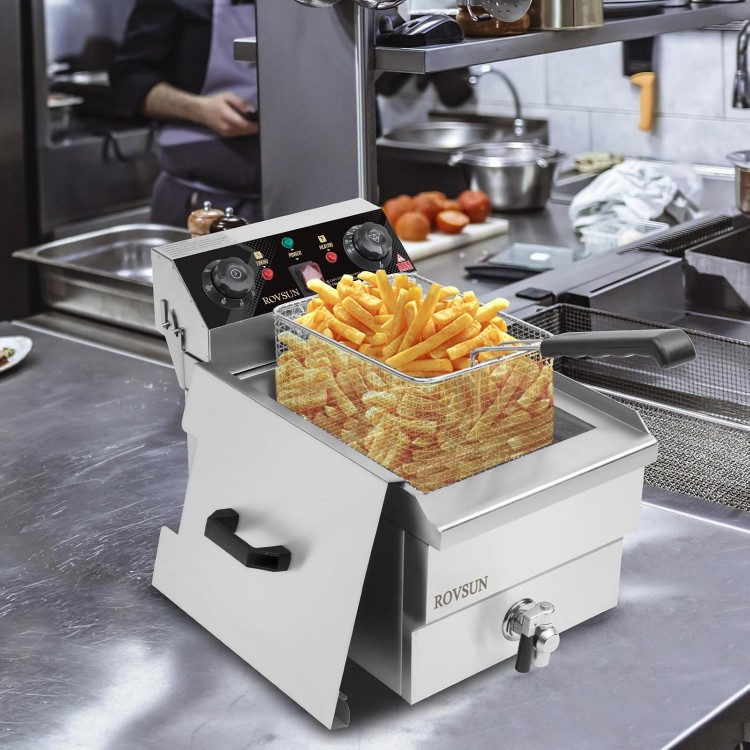 ROVSUN 12.5QT/11.8L Electric Deep Fryer w/Frying Basket, Timer, Drain, & Lid, Commercial Countertop Single Tank Frying Machine, Adjustable Temperature, for French Fries Donuts Onion Rings, 1700W 110V