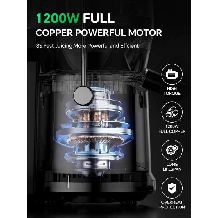 Juicer, 1200W Juicer Machine with 3 Feed Chute for Whole Fruits and Vegs, Dual Speeds Centrifugal Juice Extractor, High Juice Yield, Full Copper Motor, Easy to Clean, BPA Free