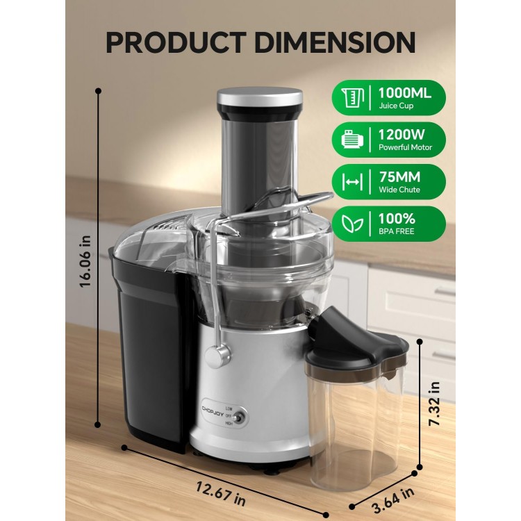 Juicer, 1200W Juicer Machine with 3 Feed Chute for Whole Fruits and Vegs, Dual Speeds Centrifugal Juice Extractor, High Juice Yield, Full Copper Motor, Easy to Clean, BPA Free