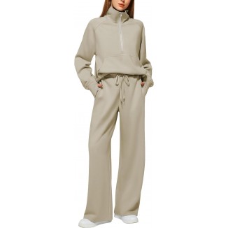 Women's 2 Piece Outfits Lounge Set 2024 Oversized Half Zip Sweatshirt Wide Leg Sweatpant Set Sweatsuit Tracksuit