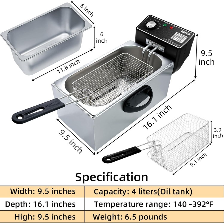 Deep Fryer with Basket, 4.2 Qt Electric Deep Fat Fryer for Home Use, Stainless Steel Countertop Oil Fryer Pot for Chicken, Fries, Fish, Shimp and More, 4 L Capacity with Temperature Control