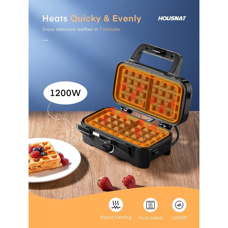 HOUSNAT Sandwich Maker, 3 in 1 Waffle Maker with Removable Plates, 1200W Panini Press with Interchangeable Non-Stick Plates, Indicator Lights, 5-gear Temperature Control (Black)