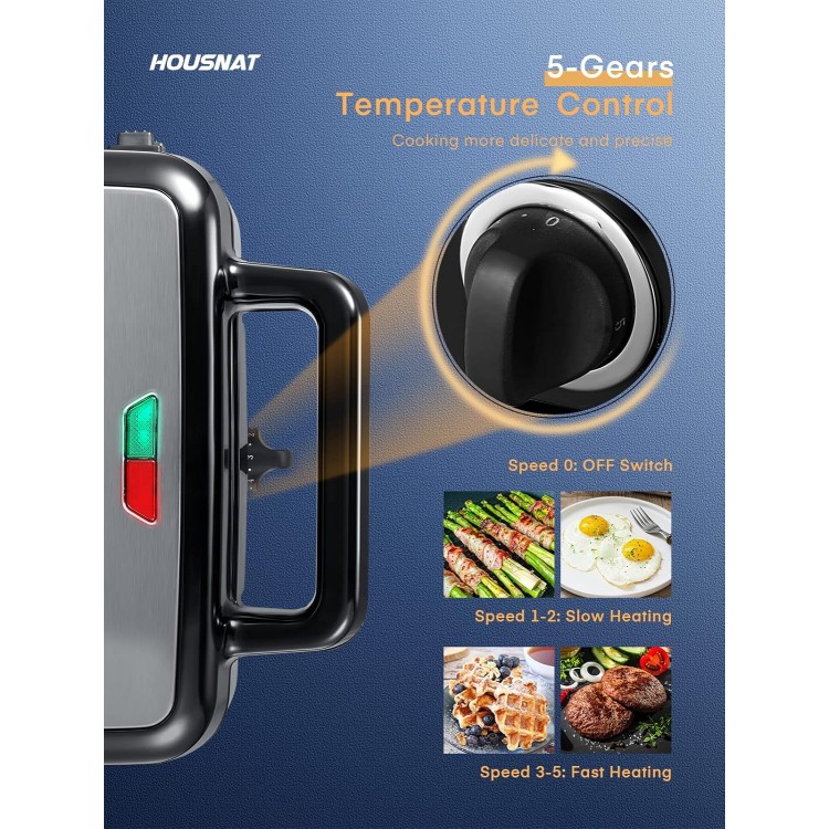 HOUSNAT Sandwich Maker, 3 in 1 Waffle Maker with Removable Plates, 1200W Panini Press with Interchangeable Non-Stick Plates, Indicator Lights, 5-gear Temperature Control (Black)