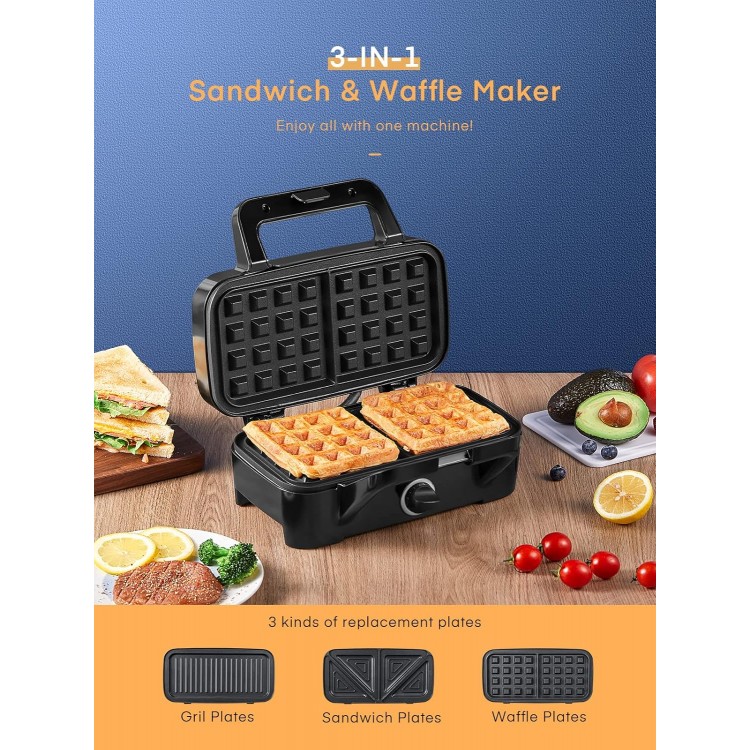 HOUSNAT Sandwich Maker, 3 in 1 Waffle Maker with Removable Plates, 1200W Panini Press with Interchangeable Non-Stick Plates, Indicator Lights, 5-gear Temperature Control (Black)