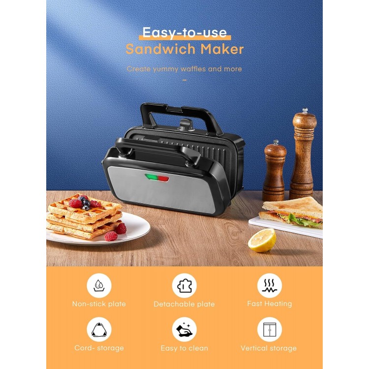 HOUSNAT Sandwich Maker, 3 in 1 Waffle Maker with Removable Plates, 1200W Panini Press with Interchangeable Non-Stick Plates, Indicator Lights, 5-gear Temperature Control (Black)