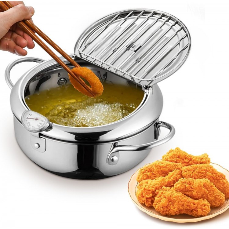 Stainless Steel Deep Fryer, 2024 New Stainless Steel Frying Pot with Thermometer and Oil Drip Drainer Rack, Japanese Tempura Small Deep Fryer for Kitchen Chips Chicken (11in)