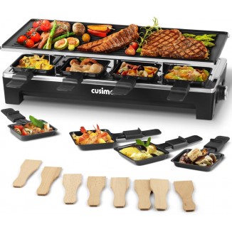 Raclette Table Grill, CUSIMAX Electric Grill, Indoor Grill Korean BBQ Grill With 2 in 1 Reversible Non-stick Plate, Crepe Maker with Adjustable temperature control, 8 Raclette Pans & Wooden Spatulas